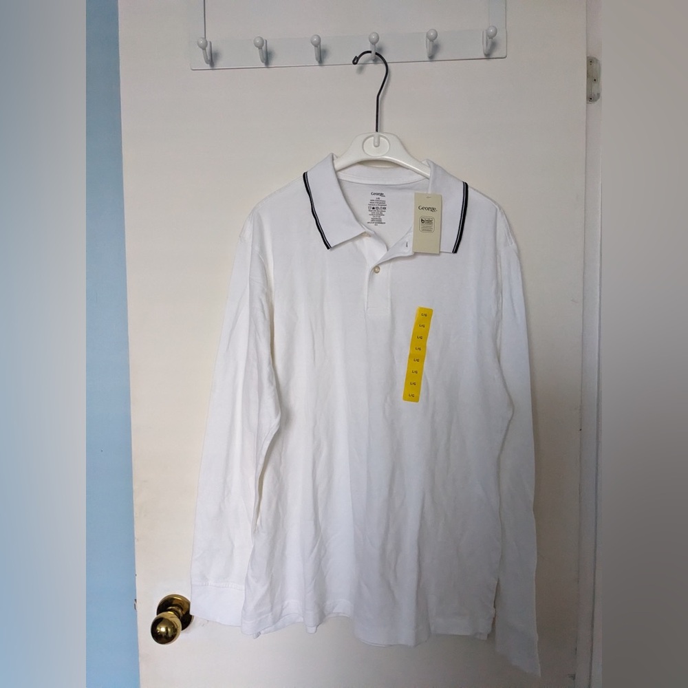 George White Long Sleeve Polo Shirt size large